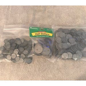 Plastic quarters, nickels, and half doll
